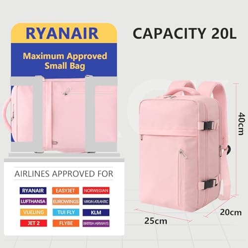 KIRFEIHT Cabin Bags 40x20x25 for Ryanair Underseat Carry-Ons Travel Backpack - Hand Luggage Backpack Cabin Bag Size 20L - Daypack School Bag with USB Port - Pink — view 2