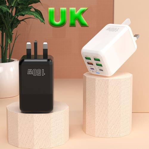 150W 6-port GaN Charger, 4 USB-A+2 Type-C PD Fast Charging Ports, AI Power Distribution, Universal Compatibility with iPhone, Samsung, Huawei, Xiaomi, Etc. (UK Plug) (Black) — view 3
