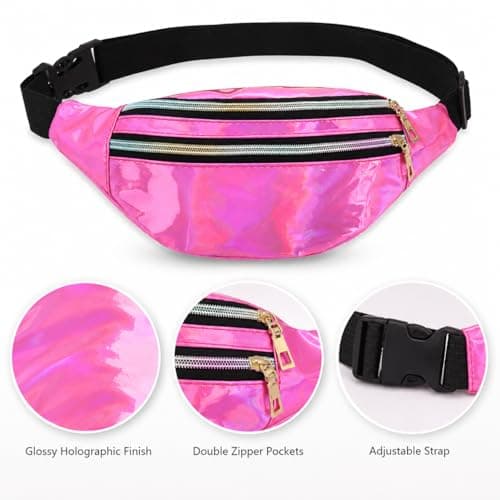 Fashion Metallic Bum Bag,Holographic Waist BagFanny Double Zipper Belt Bag Festival Rave Bumbags Waterproof Hip Pouch for Women Ladies Girls Travel Party Festival Sports Outdoor (Pink) — view 2
