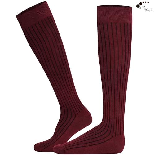 Mysocks Bugrundy Knee High Socks for Women Men Girls - Seamless Toe Plain Long Knee Length Socks - Breathable Cotton Tall Sock Stockings Burgundy Ribbed,4-7 — view 3