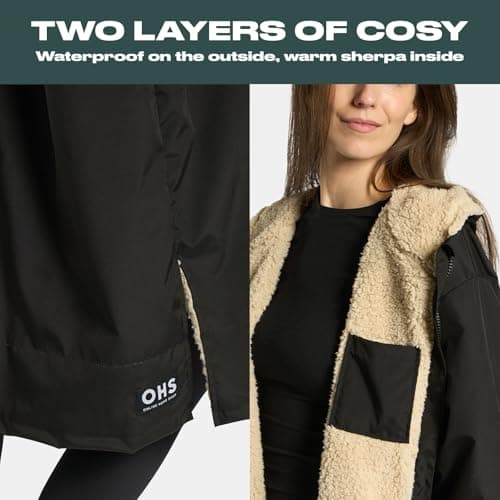 OHS Rain Coats for Women Men, Oversized Waterproof Jacket Fleece Lining Changing Robe with Hood & Pockets Lightweight Ladies Raincoat Drying Robe for Outdoor Travel, Black/Beige - L/XL — view 4