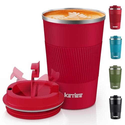 KETIEE Travel Mugs, 380ml Insulated Coffee Cup with Leakproof Lid,Reusable Coffee Cups Travel Cup,Coffee Travel Mug,Double Walled Coffee Mug,Stainless Steel Thermal Mug for Hot Cold Drinks,Red