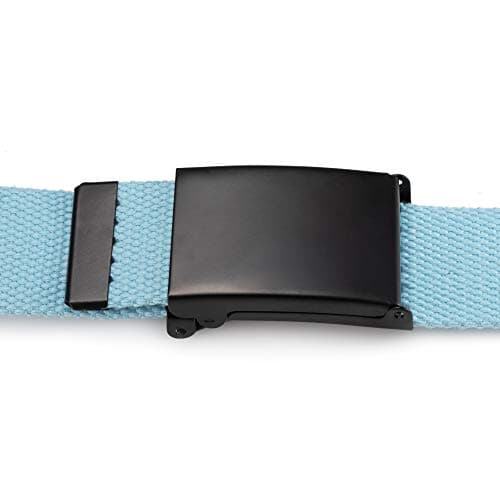 Mile High Life Cut To Fit Canvas Web Belt Size Up to 52" with Flip-Top Solid Black Military Buckle (Sky Blue) — view 6