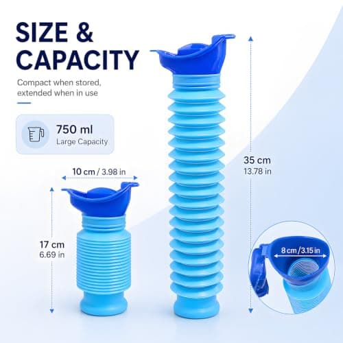 Lafefe Portable Urinal Bottle for Men & Women, 750ml Retractable Travel Urinal, Leakproof PP Emergency Pee Bottle with Female Funnel, Foldable Portable Toilet for Car Camping Travel - Blue — view 2