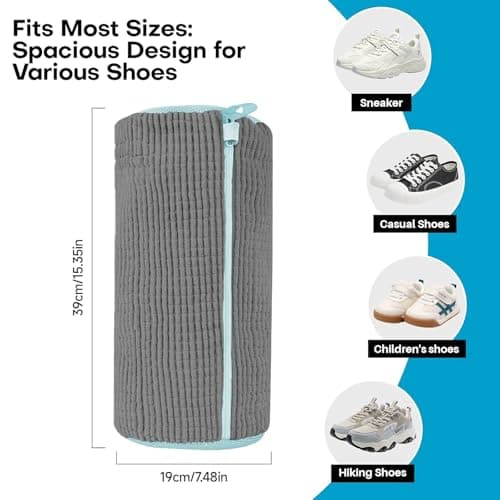 Suzmei Shoe Laundry Bag, Zipper Closure, Hand Brush Simulating Bristles, Reusable for Washing Machine and Dryer, 15.4 x 7.5 x 7.5 inches, Suitable for Tennis, Sports, Casual, Canvas Shoes（2PCS Gray） — view 2