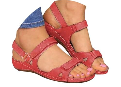 Ladies Sandals Size 5 UK, Sandals for Women Shoes Womens Orthopedic Women's Sandals & Slides Arch Support Summer Slip on Ladies Wedge Wide Fit Walking Platform Beach Sliders Red 5.5