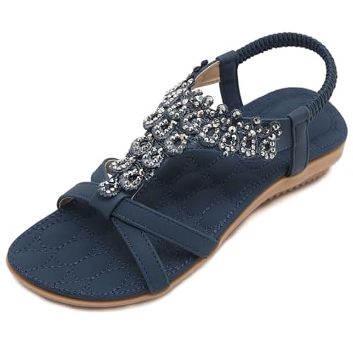 Amissz Women Sandals Flat Shoes Comfort Walking with Non Slip on Casual Summer Beach Sandals Dress Ankle Elastic Open Toe Rhinestone Bohemian Navy blue Size 7