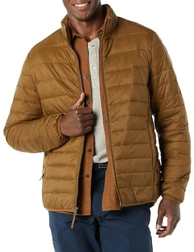 Amazon Essentials Men's Packable Lightweight Water-Resistant Puffer Jacket (Available in Big & Tall), Light Brown, M