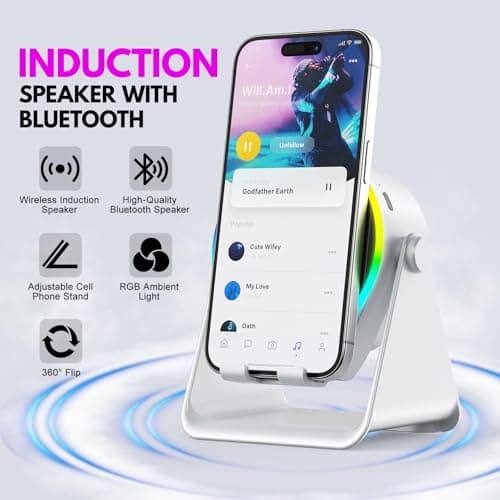 Wireless Induction Audio Bluetooth Speaker, 4-in-1 Design with RGB, Anti-Slip Base for 4-13" Phones, Bluetooth 5.3, Instant Play, Perfect Tech Gift (White) — view 2