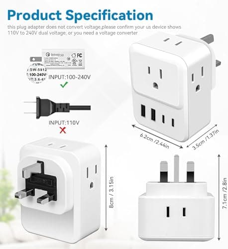 US to UK Plug Adapter,4 Way USA to UK Travel Adaptor with 4 USB(2 USB C) — view 6