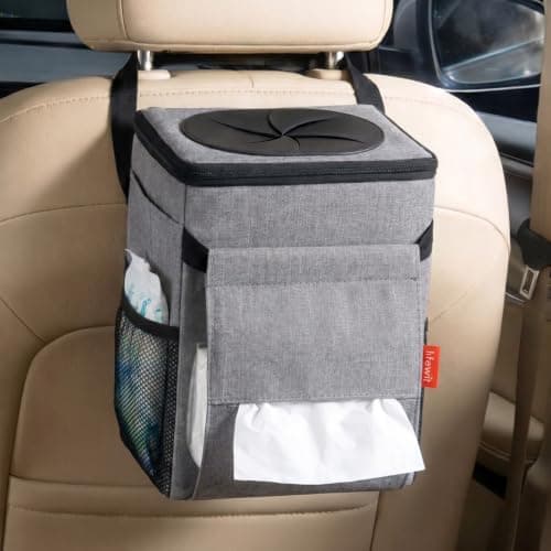 Lifewit Car Bin with Lid, Hanging Trash Bag with Tissue Holder, Grey — view 2