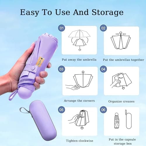Shunshi Folding Travel Umbrella, 6 Ribs Folding Sun Anti-UV Windproof Rain Umbrella,Fast Dry,Portable Pocket Lightweight Small Compact Umbrella with Capsule Case for Men Women Teens (Purple) — view 4