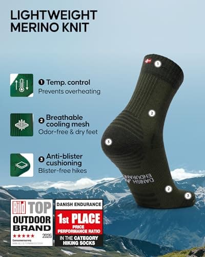 DANISH ENDURANCE Light Merino Wool Hiking Socks with Anti Blister Cushioning, for Men & Women, Unisex, 3 or 5 Pack, Multicolour (1xBlack, 2xOlive Green), 9-12 — view 2