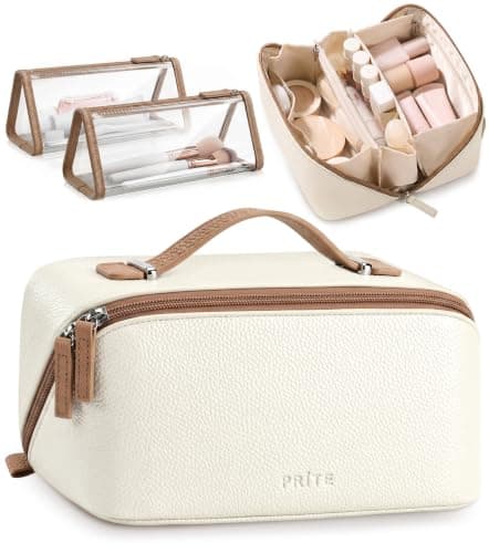 Prite 3 Pcs Travel Makeup Bag Set for Women with 2 Clear TPU Pouches, Beige