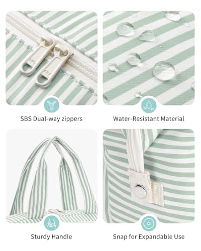 Narwey Toiletry Bags for Women, Large Full Size Wash Bag Women, Travel Size Toiletries Bag for Holiday Essentials, Makeup Bag Organizer Hospital Bag for Accessories (Mint Green Stripe) — view 6