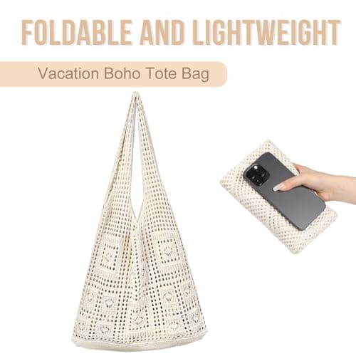 CHANXIUZAI Crochet Tote Bag, Mesh Beach Bag, Women's Knit Summer Hobo Bag, Vacation Boho Tote Bag, White (Purple) — view 5