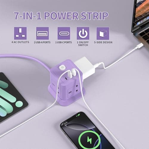 Extension Lead Cube with USB, BEVA 4 Way Power Strip with 3 USB Ports, Desktop Power Extension Socket with 1.5M Extension Cable Cords for Home Dorm Office Travel-Purple — view 2