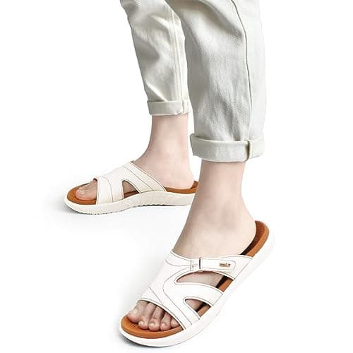 KuaiLu Womens Fashion Orthotic Sliders Ladies Lightweight Athletic Yoga Mat Sandals Slip on Thick Cushion Slippers Sandals with Comfortable Plantar Fasciitis Arch Support KhakiWhite 5 — view 2