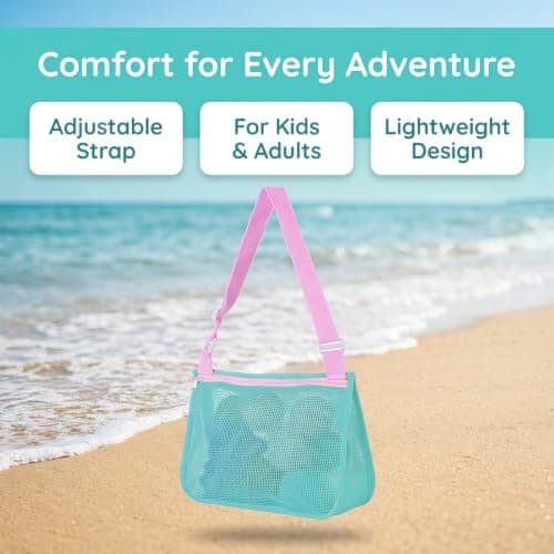 Kemay Mesh Beach Bag for Kids, Foldable Seashell Collecting Bag with Adjustable Strap, Sand Remover Shower Caddy Tote, Quick Dry Wash Bag for Swimming Pool, Travel and Camping Accessories — view 3