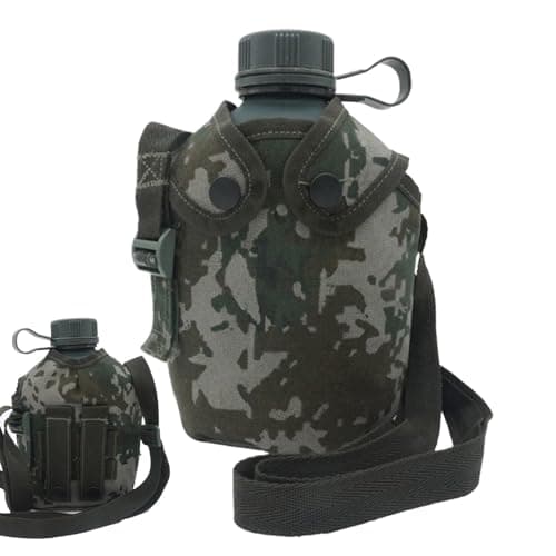 Outdoor Army Canteen- Metal Hydration Bottle, Trekking Sports Flask | Camouflage Pouch Adventure Equipment, portable water canteen, Soldier Bottle with Carry Strap, Thermal Liquid Holder, 1L, Cup for