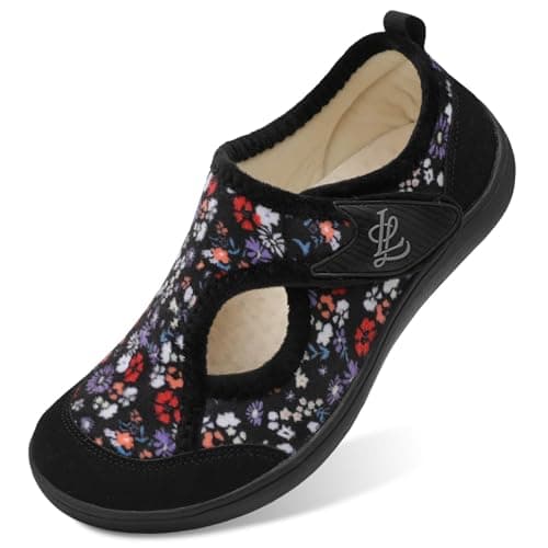 JIASUQI Slippers for Women Wide Diabetic Shoes Adjustable Arthritis Edema House Shoes Indoor Outdoor Breathable Slippers(BlackFlower 38,Size 5)