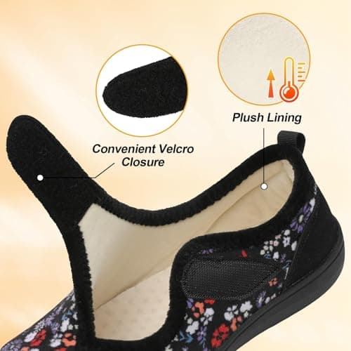JIASUQI Slippers for Women Wide Diabetic Shoes Adjustable Arthritis Edema House Shoes Indoor Outdoor Breathable Slippers(BlackFlower 38,Size 5) — view 3
