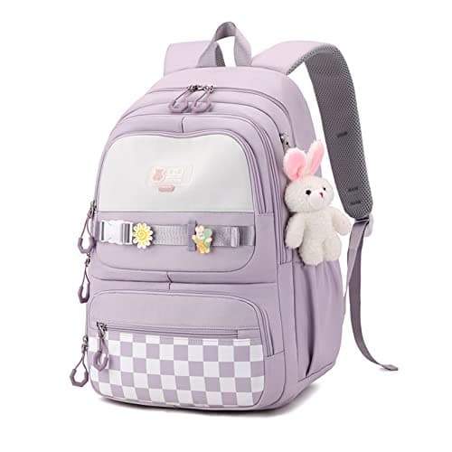 JANSBEN School Bags for Girls Water-Resistant Polyester Kids Backpack with Anti-Theft Pocket and Kawaii Pendant for Secondary School Commute Fits 15.6 Inch Laptop