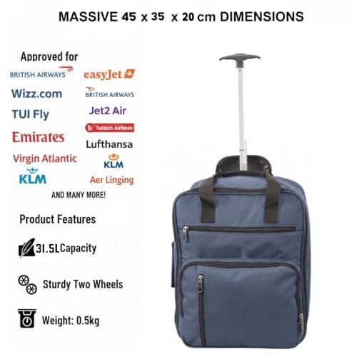 TR-E-002 EasyJet Cabin Bags 45x36x20cm Underseat Rucksack for Plane Hand Luggage Backpack EasyJet Bag 45x36x20cm Rolling Wheeled Travel Backpack with Adjustable Height Handle Travel Bag (Navy) — view 5