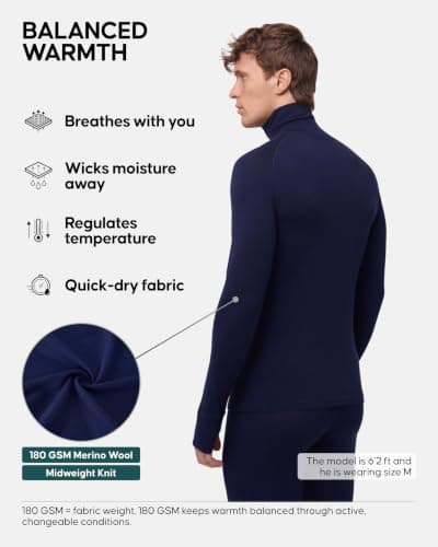 DANISH ENDURANCE Thermal Top for Men, Merino Wool Base Layer Men with Zipper, Warm Thermal Underwear, Dark Navy Halfzip, L — view 2
