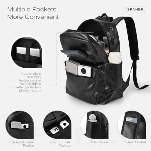 SPAHER 40x30x20 Wizzair Cabin Bag Leather Travel Laptop Backpack 15.6 Inch with USB Charging Port Waterproof School Work College Backpack Men Women Daypack Underseat Carry on Hand Luggage — view 4