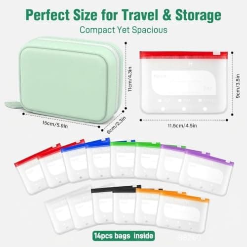 A8 Waterproof Pill Organizer Set with 14 Color-Pill Pouches,Reusable Waterproof Pi/ll Pouches,Large Weekly Travel M/edicine O/rganizer,Portable Zippered Travel Medicine O/rganizer for Fish Oils#Green — view 4