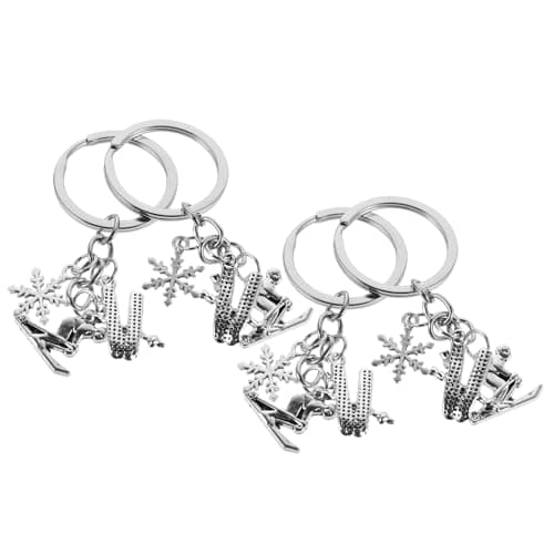 UKCOCO 4pcs Skiing Keychain with Double Snowboard Pendant Metal Silver