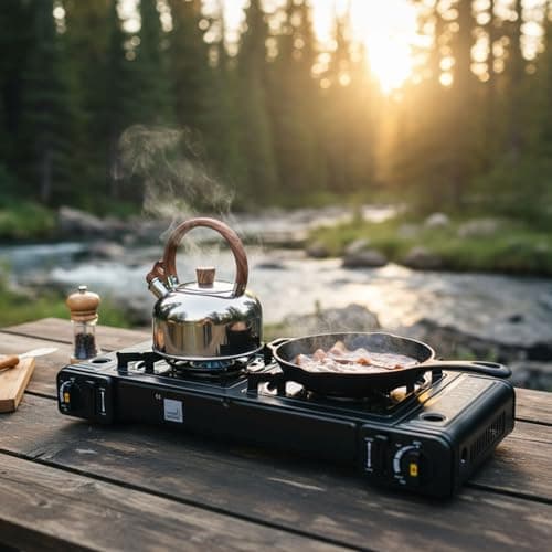 Taylor & Brown Portable Dual Burner Camping Stove, Black with 8 Butane Gas | EN417 Compliant Premium Double Gas Cooker | with Automatic Ignition & Heat Control | for Camping, BBQ & Outdoor Cooking — view 2