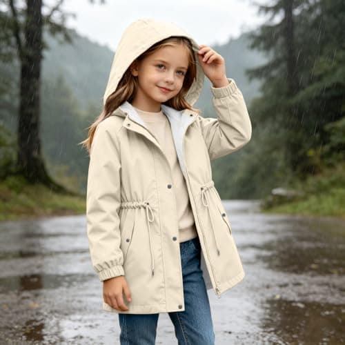Beige Girls Waterproof Jacket Windproof Hooded Raincoat Outdoor 13 Years — view 5