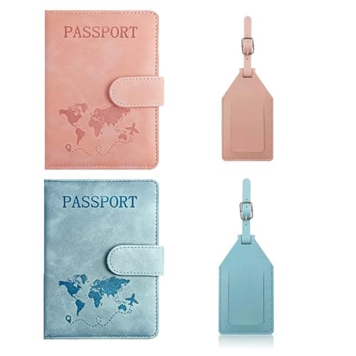 2 Pcs Passport Holder Covers with 2 Luggage Tags, PU Leather Passport Cover with RFID Blocking, Portable Passport Holder Travel Wallet for Passport Boarding Passes Credit Card Business Cards (Style B)