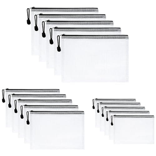 Vicloon Plastic Wallets, 15Pcs A3 A4 A5 Plastic Pockets Zipper File Wallet, Zip Lock Bags Mesh Document Wallet Document Folders for School Office Homework Travel Storage Bags (Black Zipper)