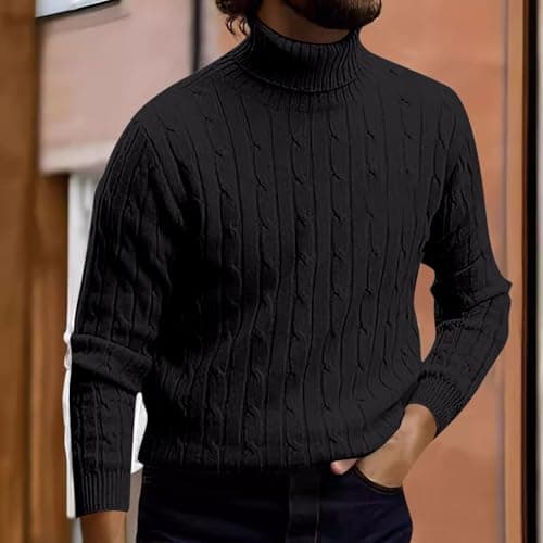 XMWSPO Men's Cable Knit Turtleneck Sweater,Long Sleeve Warm Sweatshirt — view 2