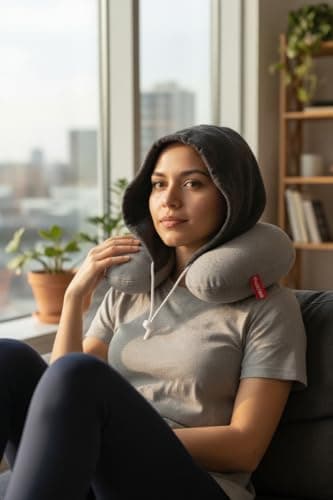 2-in-1 Hooded Travel Neck Pillow, Memory Foam U-Shaped Cushion with Hood, Grey and Dark Grey — view 4