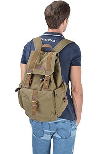 GOOTIUM Canvas Backpack - Vintage Outdoor Rucksack Travel Day Pack, Army Green — view 4