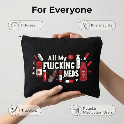 CutitiUU Medicine Travel Toiletry Bag for Women Men,Canvas Cosmetic Bag, Zipper Canvas Bag, Pen Case,Funny Medicine Organiser Pouch Travel Medical Kit,Med Organiser Pouch with Zipper (Black) — view 4