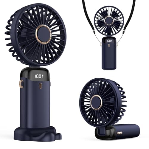 Refluxe Portable Handheld Fan, 4200mAh USB Fan with LED Display, 3-in-1 Handheld/Neck/Desktop Fan, 90° Adjustable Foldable, for Summer, Office, Bedroom, Travel, Gifts for Adult & Kid (Dark Blue)