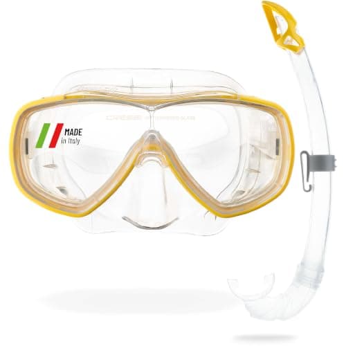 Cressi Single Lens Mask & Snorkel Set - Tempered Glass Diving Mask - Snorkel Set Adults for Pools & Sea - Quick-Adjust Buckles for Scuba Diving Equipment - Transparent/Yellow - Combo Set
