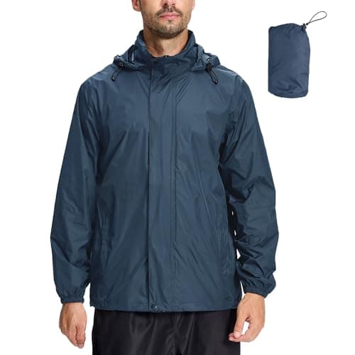 LZLER Mens Waterproof Jackets Lightweight Packable Windproof Rain Jacket Adjustable Hooded Raincoat for Outdoor Hiking Fishing Camping(Navy Blue,XL)