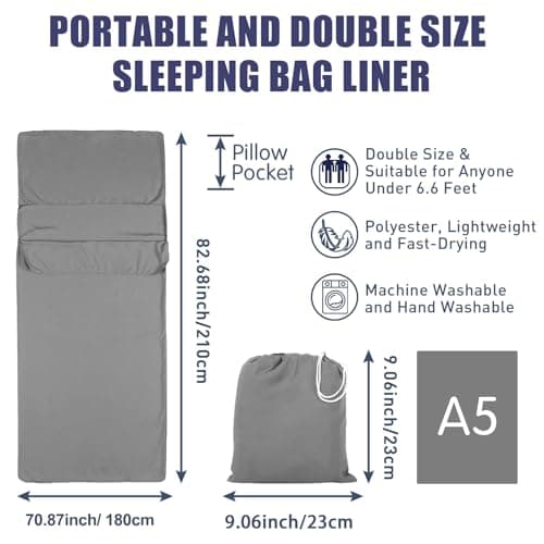 Plliocse Sleeping Bag Liner Travel Sheet Sleeping Bag, Double Size 180 x 210 cm Sleeping Bags Liners with Pillow Pockets for Adults, Travel, Hotels, Business Trip, Camping (Grey, 180cm x 210 cm) — view 3