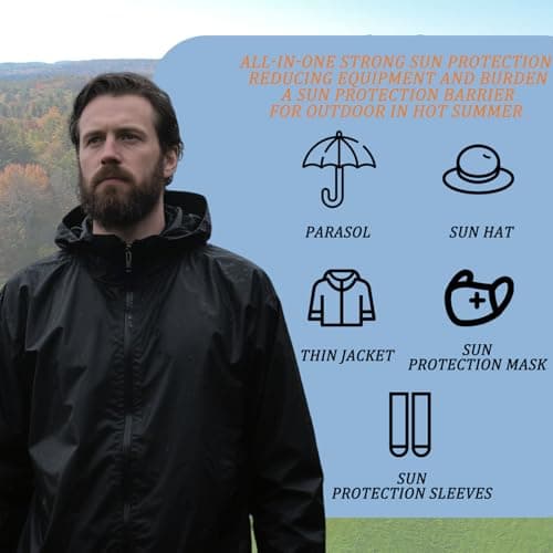 JiaYouLC Men's Packable Lightweight Waterproof Jacket No Pocket Hooded Raincoat in a Bag Sun Protection Windproof Rain Jacket (UK, Alpha, M, Regular, Regular, Black) — view 4