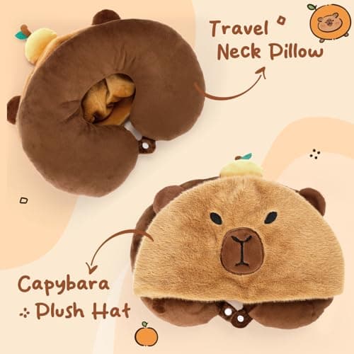 Capybara U-Shaped Travel Pillow with Hood - Plush Neck & Chin Support Headrest, Soft Animal Pillow for Airplane, Train, Car, Office Sleep — view 3