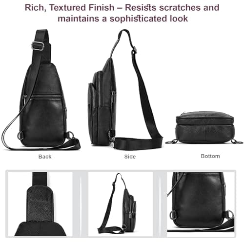 Yevabo Genuine Leather Men's Chest Bag Sling Crossbody Backpack - Anti-Scratch Multi-Pocket Adjustable Strap for Travel Hiking Commuting Daily Use, Black — view 3