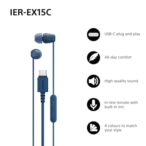 Sony IER‑EX15C USB‑C Wired Earbuds with Mic – Lightweight In‑Ear Headphones for Android, iPhone, Laptop & PC – Tangle‑Free Cable, Clear sound – Perfect for Travel & Everyday Use – Blue — view 2