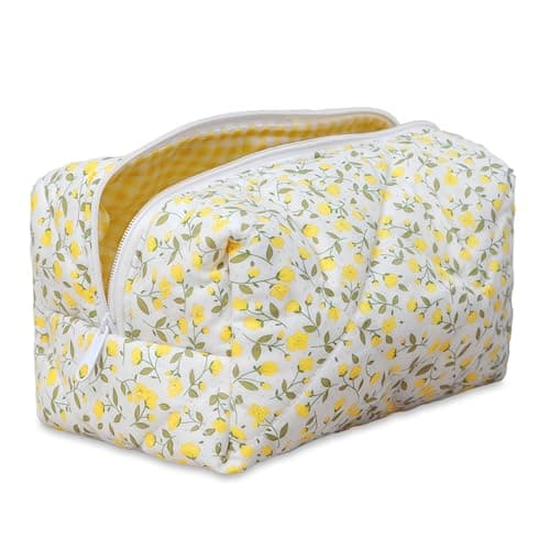 Aucuu Floral Makeup Bag, Cotton Toiletry Bag, Makeup Bags, Portable Travel Cosmetic Bags, Large Capacity Floral Toiletry B-ag, Quilted Wash Organizer Pouch for Women Girls for School,Travel
