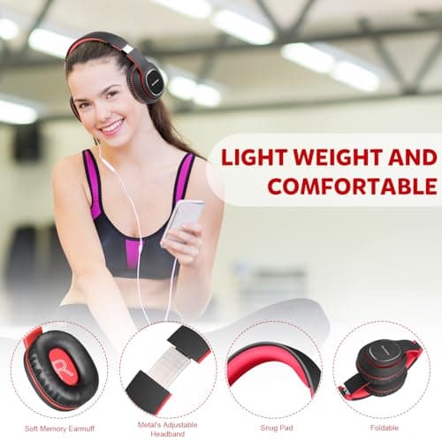 WorWoder Wireless Headphones Over Ear, 80 Hours Playtime Bluetooth Headphones, Hi-Fi Stereo Sound with MIcrophone, Lightweight Headset with Deep Bass for Travel Work PC Cellphone(Black-Red) — view 4